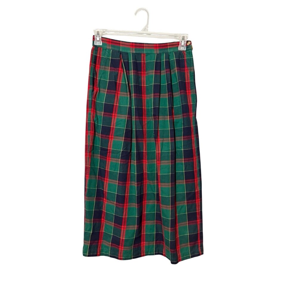 Vintage Carroll Reed Plaid Midi Skirt Green Red Cotton High Waist Fits 6/8